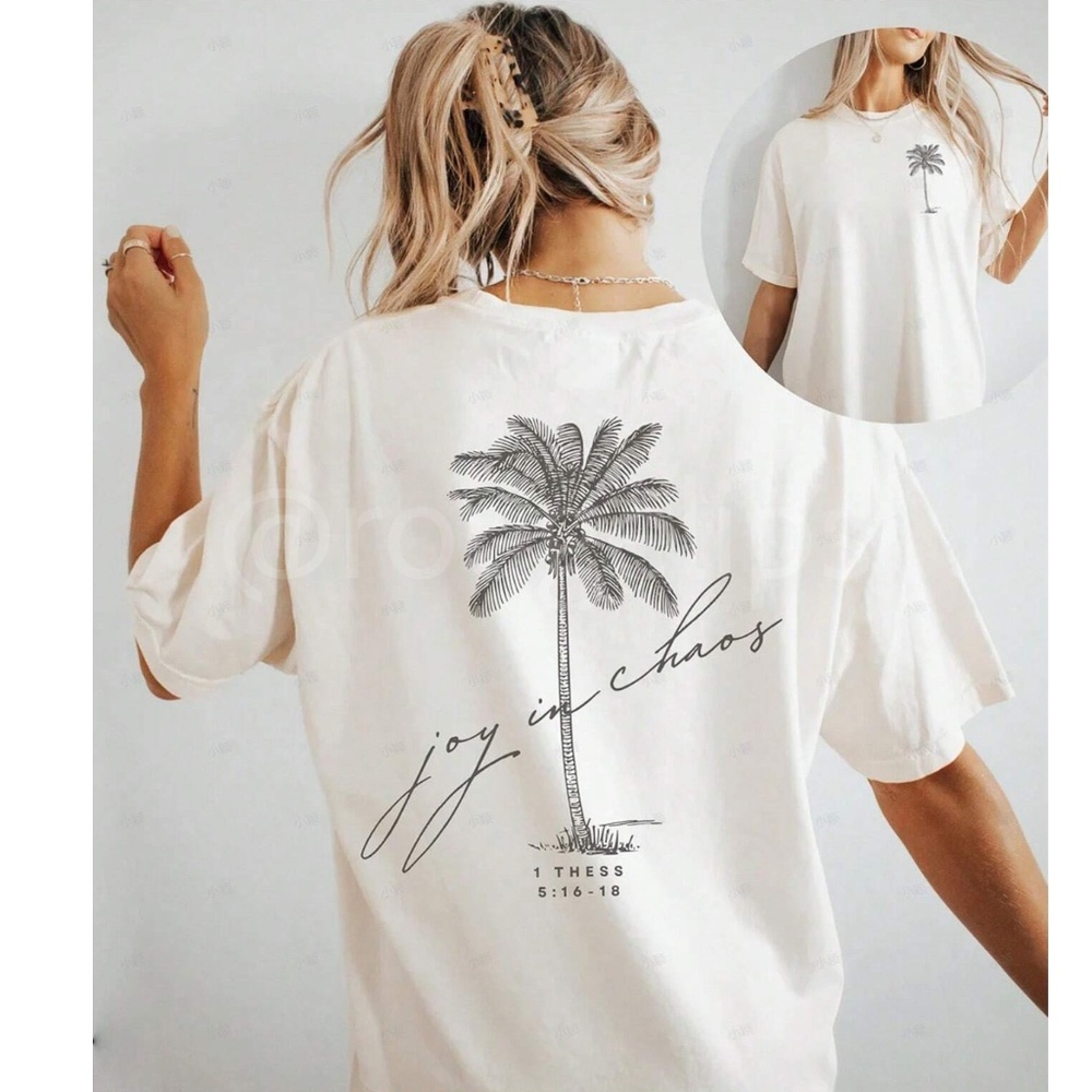 White Oversized Tee Crewneck Short Sleeve Printed Palm Tree